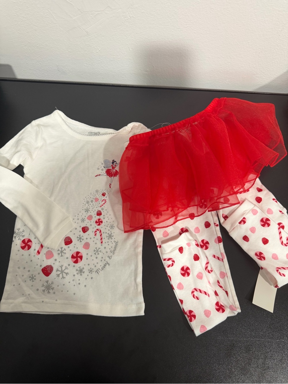 Carter's White Top, White Candy-Print Leggings & Red Tulle Tutu